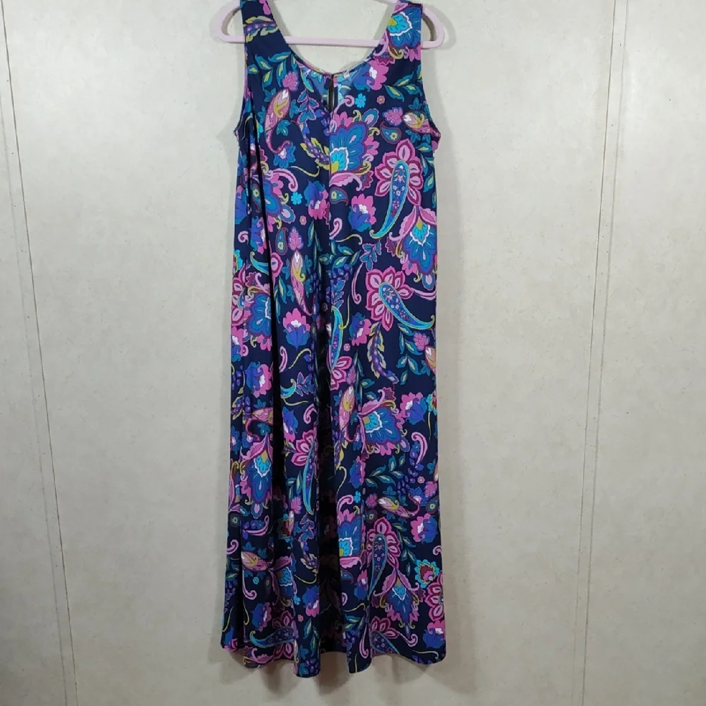 G093 Soft Surroundings navy & mauve Rosalia Maxi Dress L NWT